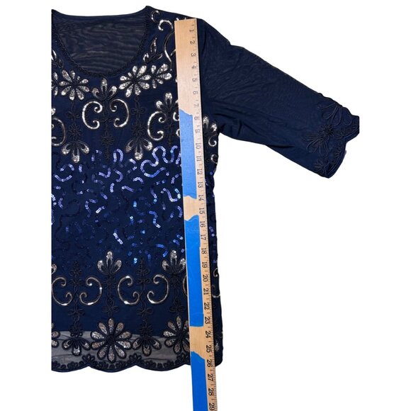 Elegant Black Sequin Cocktail Top Mesh Back  3/4 Sleeves - Picture 4 of 6